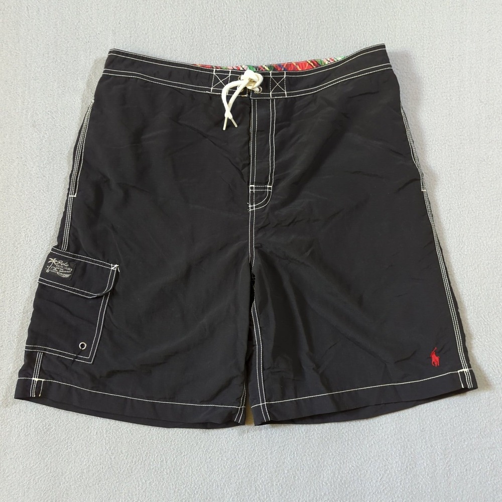 Polo Ralph Lauren Black Swim Trunks Board Shorts Mens L Cargo Pocket Red Pony